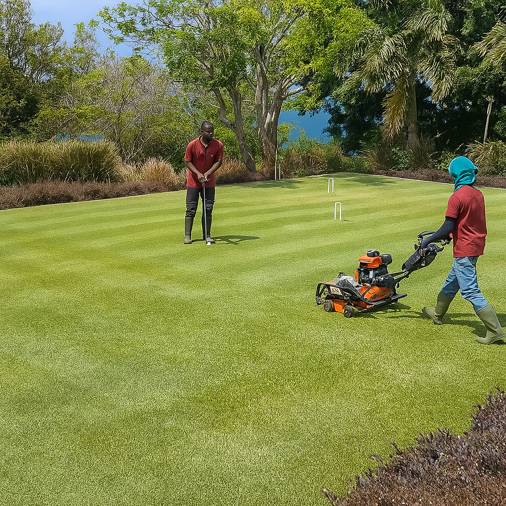 Croquet court installation and turf care in Saint Lucia by Turf Pro Landscaping with players enjoying recreational outdoor space.