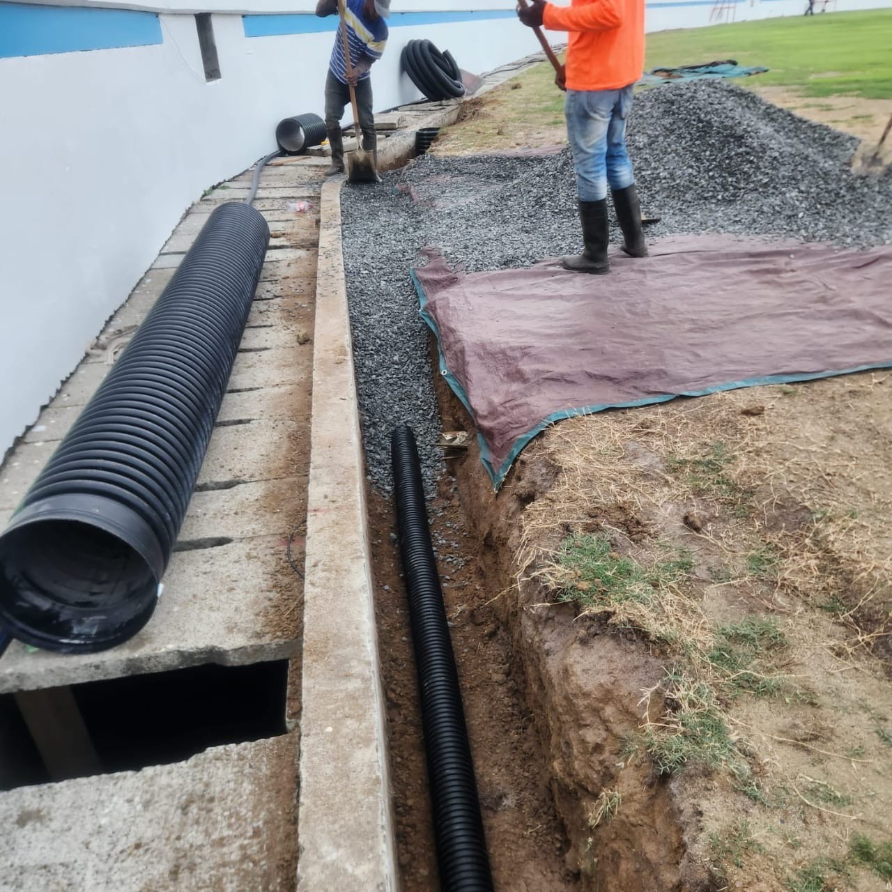 Drainage construction materials prepared for installation in Saint Lucia